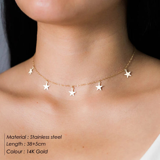 eManco Star Moon Choker Necklaces Gold Color for Women's Pendant Necklace Jewelry Simple Ladies Pentagon-Star stainless steel