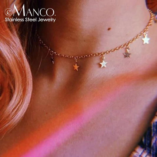 eManco Star Moon Choker Necklaces Gold Color for Women's Pendant Necklace Jewelry Simple Ladies Pentagon-Star stainless steel